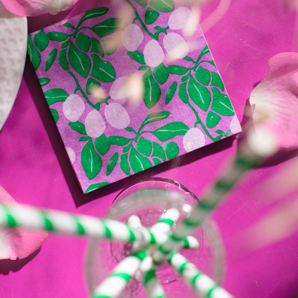 Paviot, Serviette, Prune, Pflaume, bedruckt mit Affen in pink violett, grün, Pflaumemn, style 2